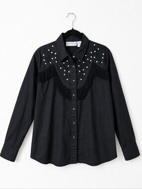 Adobe Rose Black Western Fringe Rhinestone Snap Shirt 2X Vintage Cowgirl Rodeo